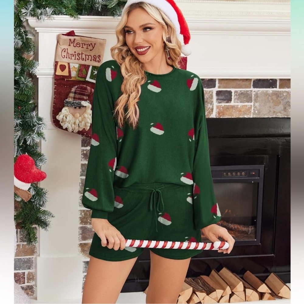 Ekouaer Green and red Christmas Santa hat Pajama Set NWT 2X